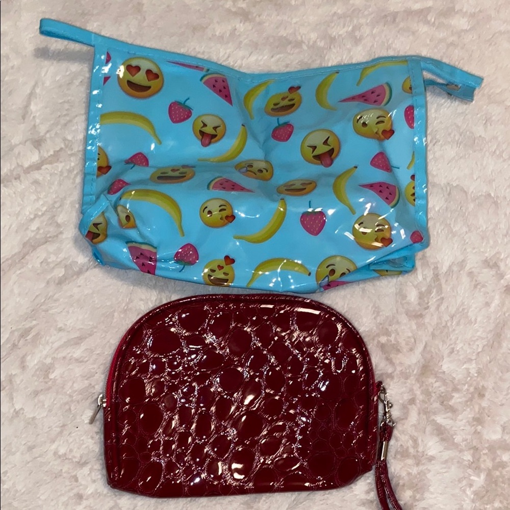 Blue Emoji Print Pouch and Red Wristlet